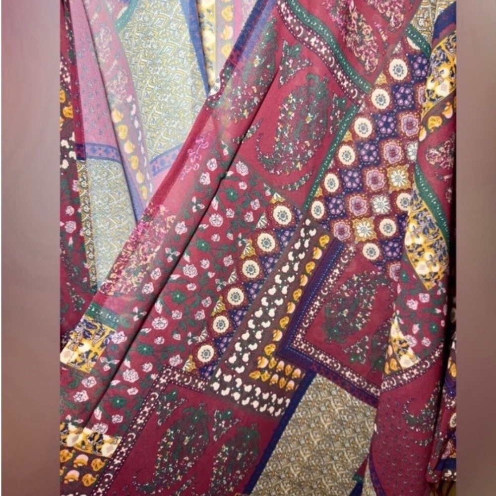 Womens 2XL Burgundy Patchwork Floral Paisley Sheer Kimono Wrap Cardigan Boho - Picture 6 of 7